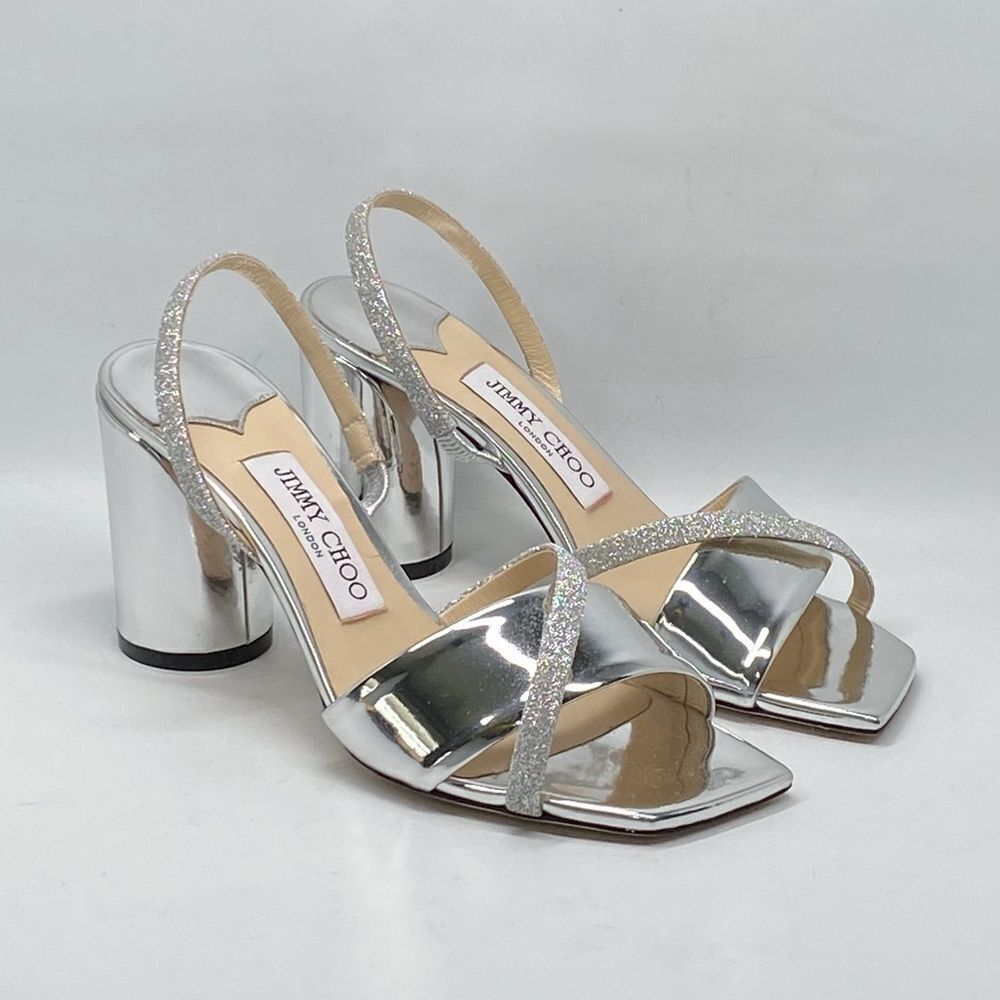 Jimmy Choo Plum Metallic Leather & Glitter Slingback Sandals size 36.5
